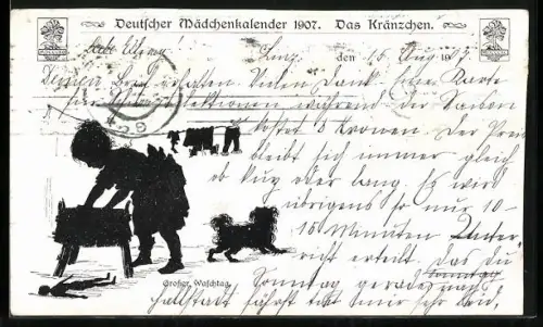 Künstler-AK Mädchen wäscht die Kleidung ihrer Puppe, Deutscher Mädchenkalender 1907
