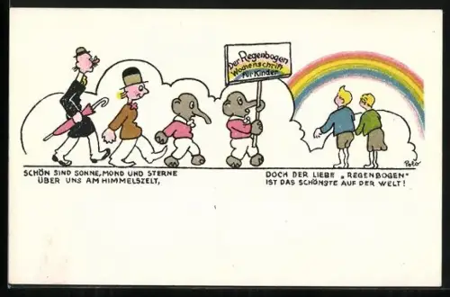 Künstler-AK Elefanten tragen ein Schild, Der Regenbogen Wochenschrift für Kinder