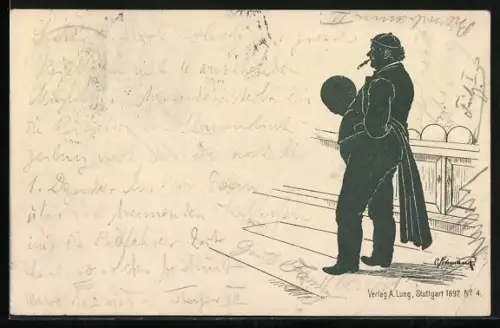 Lithographie Mann mit Zigarette steht an der Kegelbahn