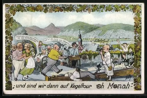 Künstler-AK Männer kegeln mit Porzellankrügen auf Weinflaschen