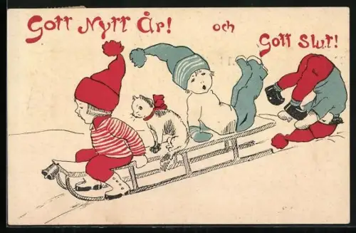 Künstler-AK Drei Kinder und eine Katze mit einem Schlitten