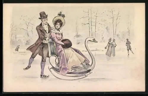 Künstler-AK Mann schiebt eine Dame in einem Schwan-Schlitten über das Eis