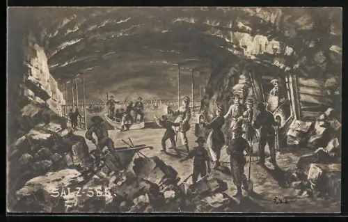 Künstler-AK Bergbauarbeiter bei einem Salz-See