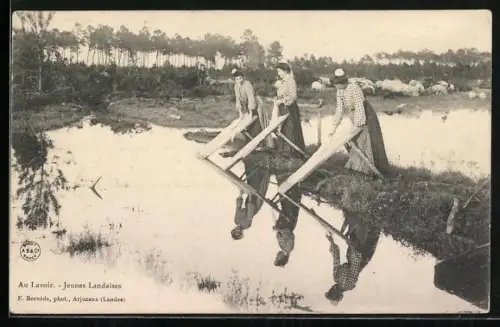 AK Au lavoir, Jeunes Landaises, drei junge Waschfrauen bei der Arbeit, Schafherde