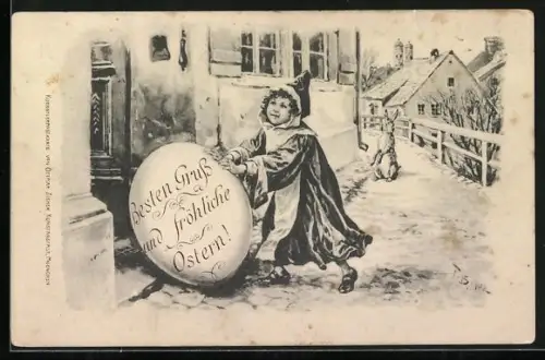 Lithographie Münchner Kindl und der Osterhase bringen ein grosses Ei