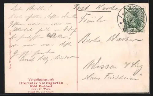AK Wald /Rheinland, Ittertaler Volksgarten, Bes. Fr. Weck, Bootsteich, Pavillon, Vergnügungspark