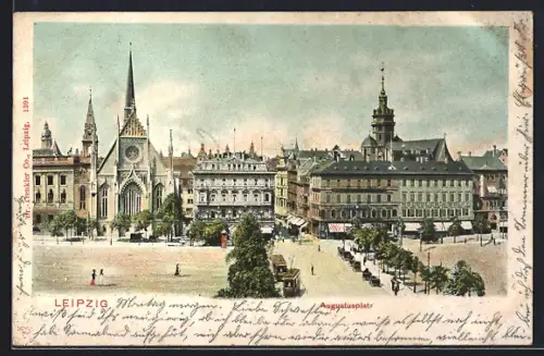AK Leipzig, Augustusplatz mit Universitätskirche, Hotel Hauffe, Neues Theater