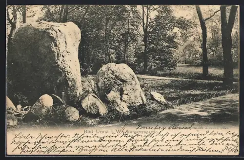 AK Bad Unna i. W., Kurparkpartie mit Findlingen