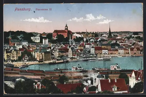 AK Flensburg, Panorama II, Hafen, Dampfschiffe, Stadtansicht