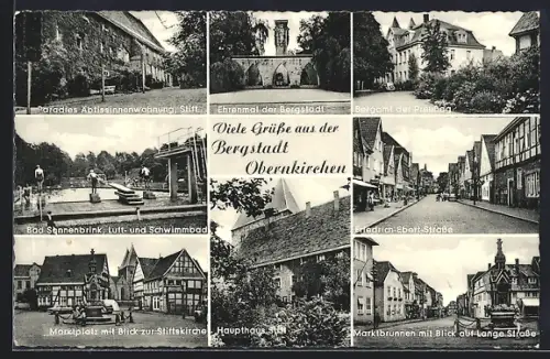 AK Obernkirchen, Marktplatz mit Stiftskirche, Marktbrunnen, Friedrich-Ebert-Strasse