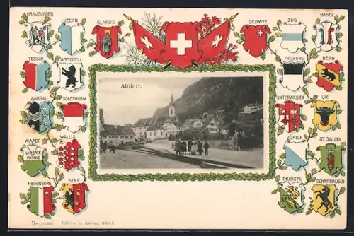 Präge-AK Altdorf, Ortspartie im Passepartout mit Wappen und Fahnen
