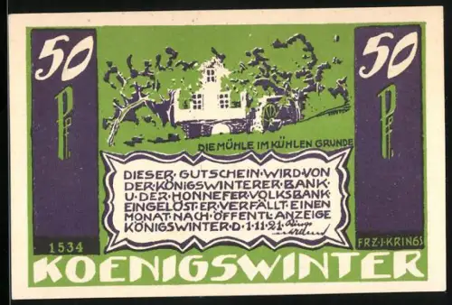 Notgeld Königswinter 1921, 50 Pfennig, Mühle im kühlen Grunde, Seriennummer 1534, Wappenmotive