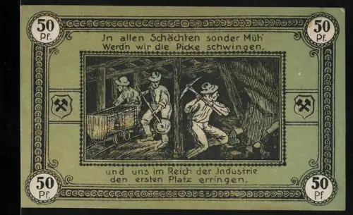 Notgeld Wattenscheid 1921, 50 Pfennig, Bergarbeiter im Schacht, Stadtwappen