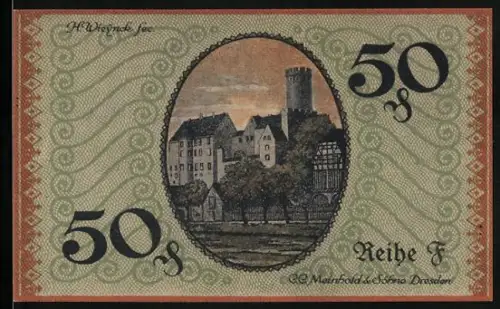 Notgeld Borna 1919, 50 Pfennig, Schlossansicht mit Bäumen und Turm