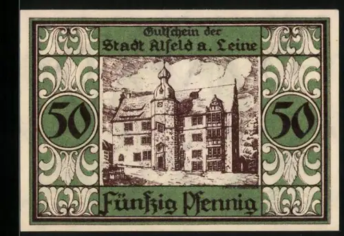 Notgeld Alfeld 1921, 50 Pfennig, Rathaus und Bischofsmotiv, mit Datum und Unterschriften