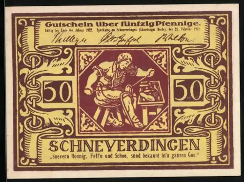 Notgeld Schneverdingen 1921, 50 Pfennig, Handwerker-Motiv und florales Design