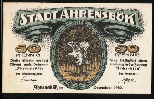 Notgeld Ahrensbök 1920, 50 Pfennig, Eule im Wald und Stadtansicht mit plattdeutschem Spruch