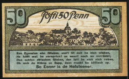 Notgeld Ahrensbök 1920, 50 Pfennig, Eule im Wald und Stadtansicht mit plattdeutschem Spruch