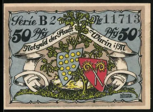 Notgeld Warin 1921, 50 Pfennig, Wappen mit Baum und Stadtszene, Serie B, Seriennummer 11713