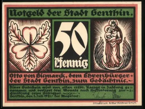 Notgeld Genthin 1921, 50 Pfennig, Kleeblatt und Mutter mit Kind, Porträt Otto von Bismarck