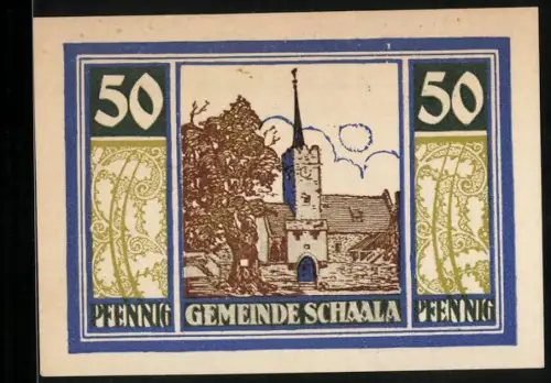 Notgeld Schaala 1921, 50 Pfennig, Landschaft mit Kirche und Pflügender Bauer, Seriennummer und Wappen vorhanden