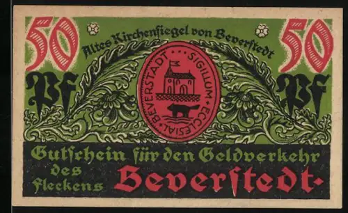 Notgeld Beverstedt 1922, 50 Pfennig, altes Kirchensiegel und Biber am Fluss, Nr. 48071