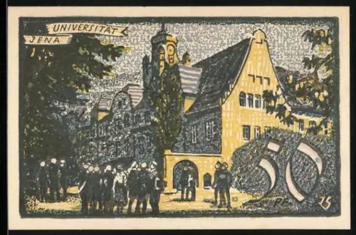 Notgeld Jena 1921, 50 Pfennig, Universität mit Versammlung, Wappen und Ziermuster