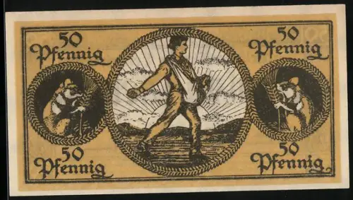 Notgeld Erbach 1918, 50 Pfennig, Bauer bei der Aussaat, Feldhamster, Seriennummer 920282, Wappen des Kreises Erbach
