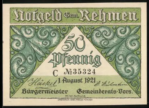 Notgeld Rehmen 1921, 50 Pfennig, Seriennummer, florale Ornamente und Kellerhaus-Motiv von 1850