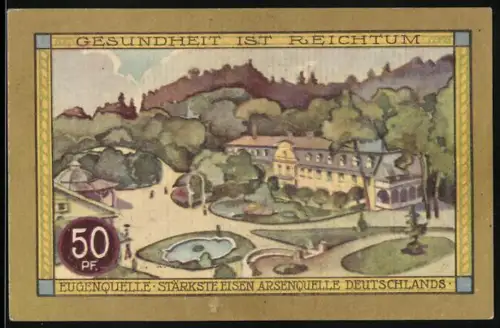 Notgeld Bad Kudowa, 50 Pfennig, Eugenquelle Landschaft, Seriennummer 125972