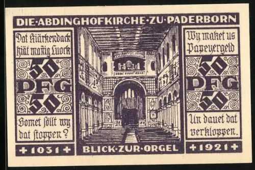 Notgeld Paderborn 1921, 50 Pfennig, Abdinghofkirche-Orgel, Inschriften und Verzierung