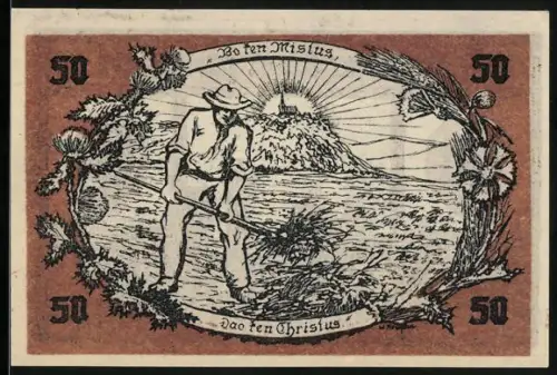 Notgeld Medebach, 50 Pfennig, Bauer mit Sense und Klosterlandschaft, Wappen und Inschrift