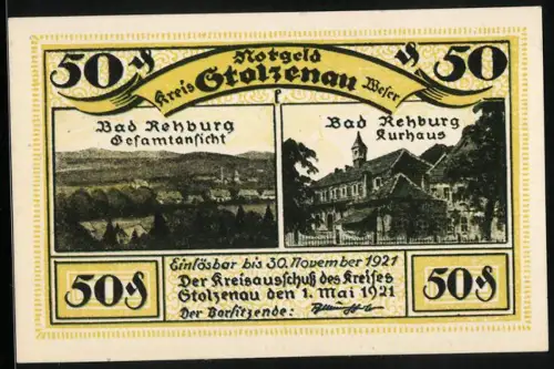 Notgeld Stolzenau 1921, 50 Pf, Ansichten von Bad Rehburg und Wilhelm Busch Zitat