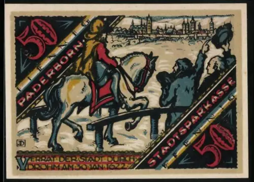 Notgeld Paderborn 1922, 50 Pfennig, Reiter mit Stadtansicht, Münzen und Spruch