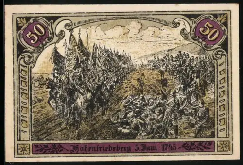 Notgeld Hohenfriedeberg, 50 Pfennig, Schlacht von 1745 und Kirche, Seriennummer 31227