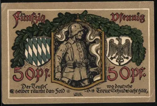 Notgeld Lindenberg 1918, 50 Pfennig, Soldat mit Laubkranz, bayerisches und deutsches Wappen, Stadtwappen und Gebäude
