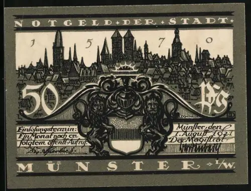 Notgeld Münster 1921, 50 Pfennig, Stadtansicht und Blick auf Lambertikirche