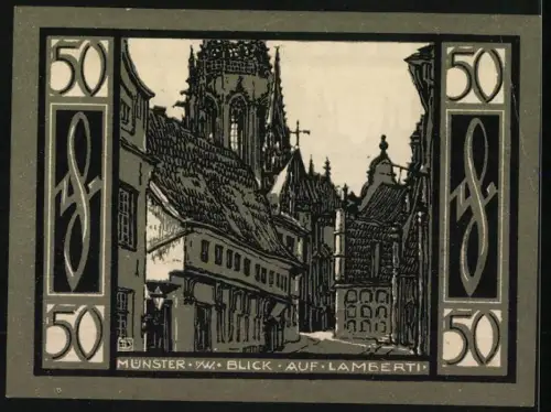 Notgeld Münster 1921, 50 Pfennig, Stadtansicht und Blick auf Lambertikirche