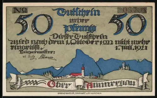 Notgeld Oberammergau 1921, 50 Pfennig, Berglandschaft und humoristische Figuren, Seriennummer vorhanden