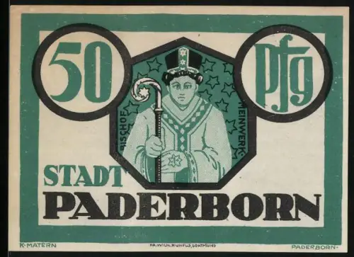 Notgeld Paderborn 1921, 50 Pfennig, Bischof Meinwerk und Paderborner Dom