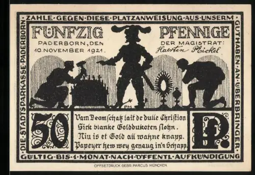 Notgeld Paderborn 1921, 50 Pfennig, Silhouetten und Domfriedhofsmotiv