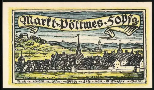 Notgeld Pöttmes 1921, 50 Pfennig, Stadtansicht und Wappen, Nr. 47140