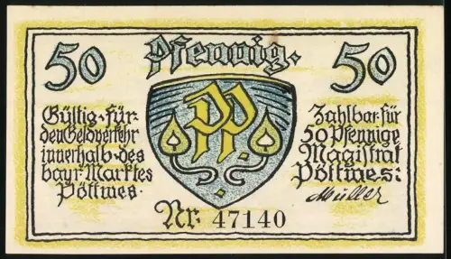 Notgeld Pöttmes 1921, 50 Pfennig, Stadtansicht und Wappen, Nr. 47140