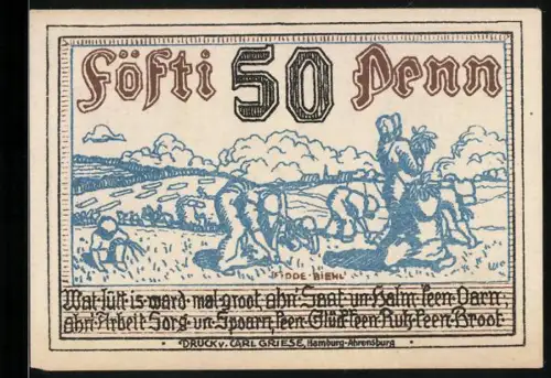 Notgeld Stormarn, 50 Pfennig, bäuerliche Ernteszene und Zitate