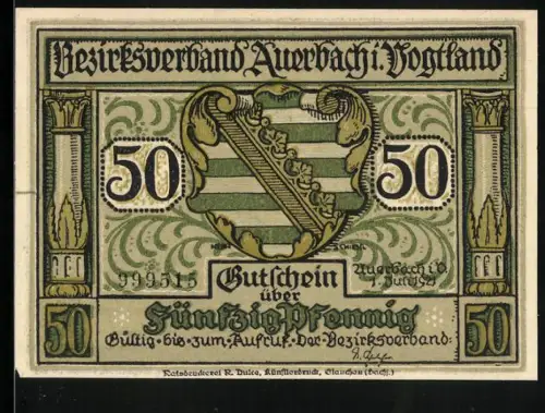 Notgeld Auerbach 1921, 50 Pfennig, Wappen und Scherenschnitt-Szene mit Frau und Figur, Seriennr. 999515
