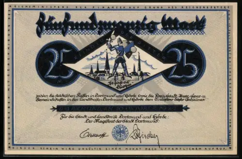 Notgeld Dortmund 1922, 25 Mark, Ritter und Arbeiter mit Werkzeugen