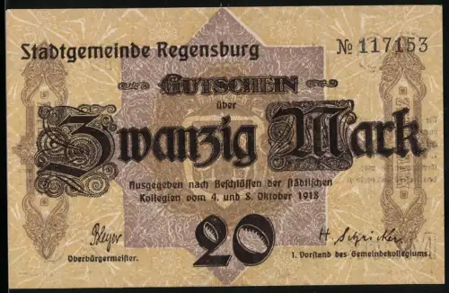 Notgeld Regensburg 1918, 20 Mark, kunstvolle Schrift und Stadtwappen, Nr. 117153, Stempel: Entwertet