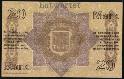 Notgeld Regensburg 1918, 20 Mark, kunstvolle Schrift und Stadtwappen, Nr. 117153, Stempel: Entwertet
