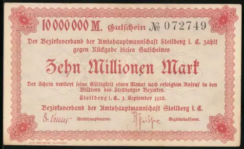 Notgeld Stollberg 1923, 10 Millionen Mark, rote Bordüre und Seriennummer 072749, ohne Motive