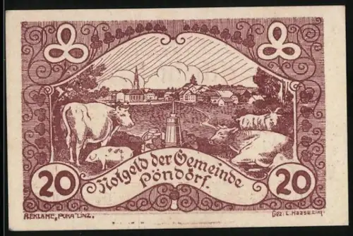 Notgeld Pöndorf 1920, 20 Heller, ländliche Szene mit Kühen und Dorfansicht